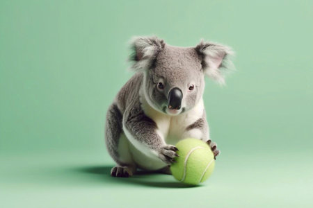 Koala with a Tennis Ball on a Light Green Background, Generative AIの素材
