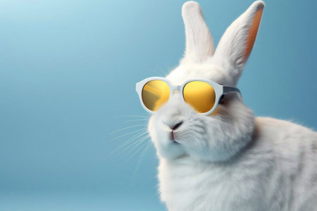 Cute White Rabbit Wearing Yellow Sunglasses on Light Blue Background, Generative AIの素材