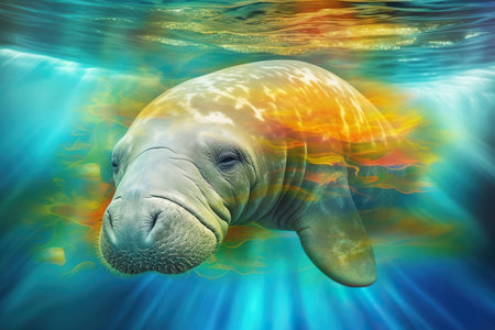 Manatee Under a Tropical Colorful Clear Blue Sea, Generative AIの素材