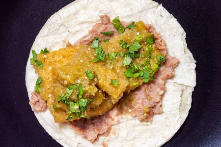 Pork rinds in green salsa, chicharrones in salsa verde, Mexican food. A traditional and popular breakfast in Mexico, served with refried beans and soft corn tortillasの写真素材