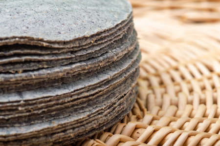 Blue corn tortillas, stacked, Mexican food.の写真素材