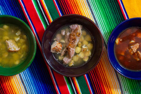 White, green and red pozole. Mexican pork and hominy corn stewの写真素材