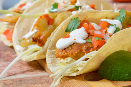 Baja California Style Fish Tacos With Toppingsの写真素材