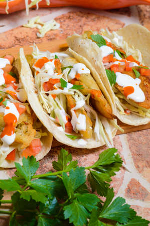 Baja California Style Fish Tacos With Toppingsの写真素材