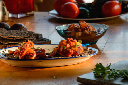 Octopus Ceviche on Blue Corn Tostadas, Mexican Seafood Dish