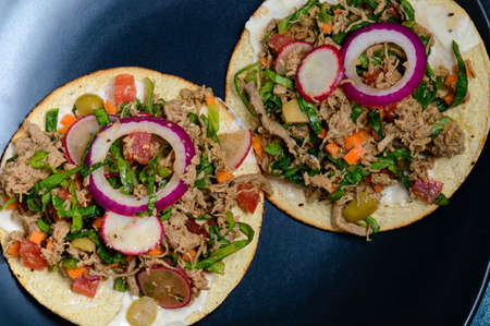 Beef salpicon. Mexican spicy beef steak salad and tostadasの写真素材