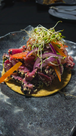 Tostada with Tuna Ceviche. Mexican Gourmet Seafoodの写真素材