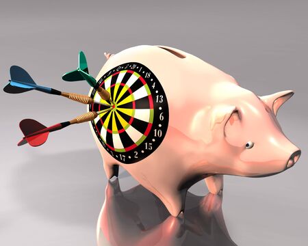 3d Illustration of piggy bank hit by three colored darts on white backgroundの写真素材