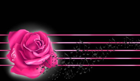 Pink rose and notes flying over the scoreの写真素材