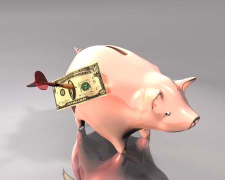 3d Illustration of a piggy bank and 10 dollars on white background, hit by a colored dartの写真素材