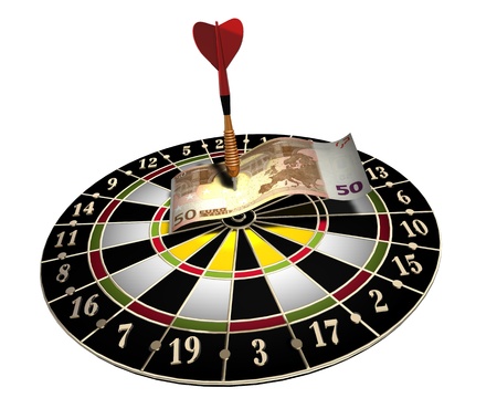 3d illustration of a target, one colored dart and 50 euro on white backgroundの写真素材