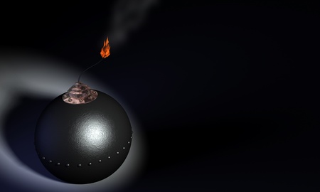 3d illustration of round bomb with lit fuse on black backgroundの写真素材