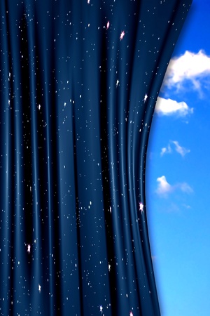 Illustration of a moved starry curtain revealing a blue sky (metaphor for the change of season)の写真素材