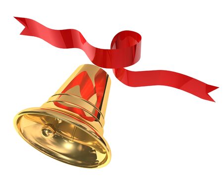 3d illustration of Christmas bell with red ribbon on white backgroundの写真素材
