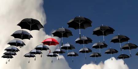 3d illustration flying umbrellas over cloudy sky backgroundの写真素材