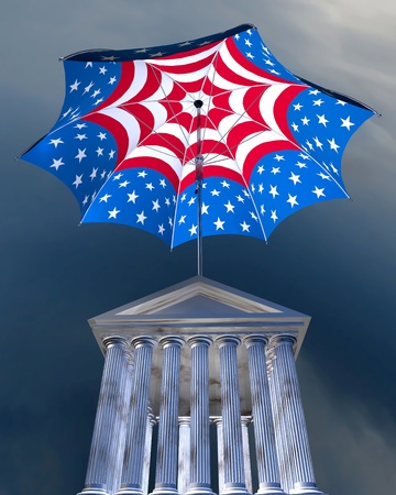 3d illustration of big stars   stripes umbrella standing over stocks exchange buildingの写真素材