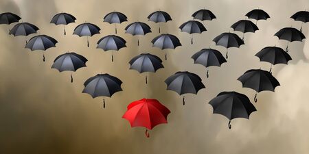3d illustration flying umbrellas over storming sky backgroundの写真素材