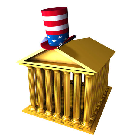 3d illustration of american top hat standing over stocks exchange buildingの写真素材