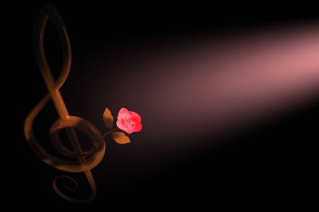 3d illustration of a golden treble clef with a pink rose over dark backgroundの写真素材