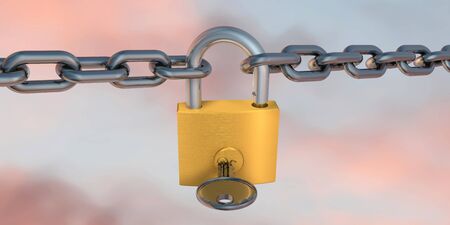 3d illustration of padlock and chains on colored backgroundの写真素材