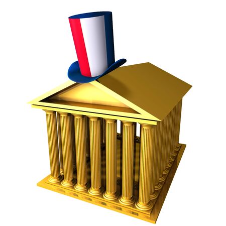 3d illustration of French top hat standing over stocks exchange buildingの写真素材