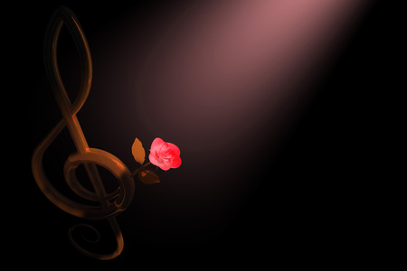 3d illustration of a golden treble clef with a pink rose over dark backgroundの写真素材