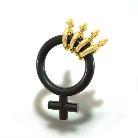 3d illustration of female symbol and four little male symbolsの写真素材