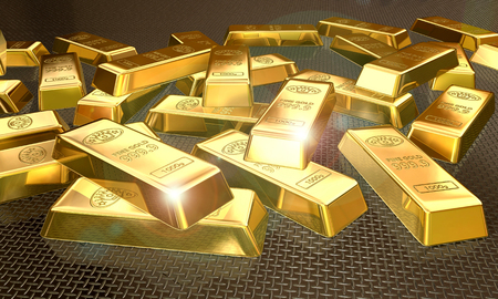3d illustration of  gold bullion scattered on the floorの写真素材
