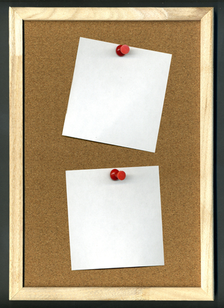 Image of cork board with blank paper and pinsの写真素材
