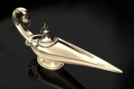 3D Illustration of Silver Genie lamp on dark backgroundの写真素材