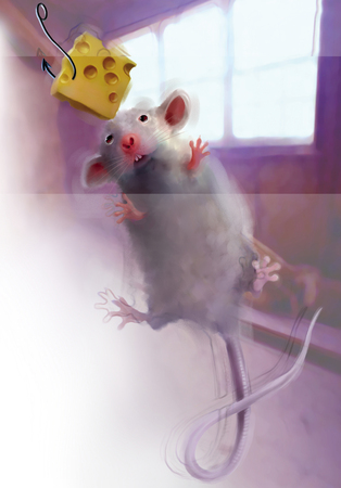 Digital illustration of a rat trying to grab a slice of cheeseの写真素材