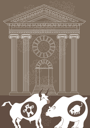 Conceptual image of bull and bear pregnants. Every crisis brings opportunity, every success conceals a crisisのイラスト素材