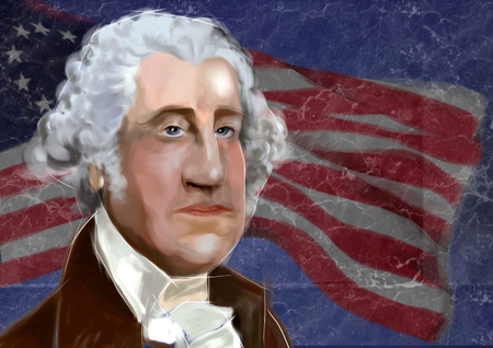 1732 - 1799 George Washington 1st President of the United States of America  - digital portrait over American flagのeditorial素材