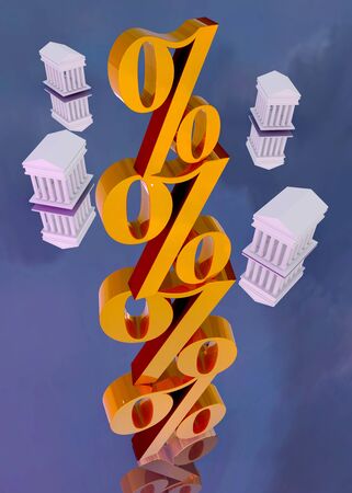 Growing stack of golden percentage signs with temple buildingsの写真素材