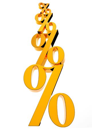 Growing stack of golden percentage signs on white backgroundの写真素材