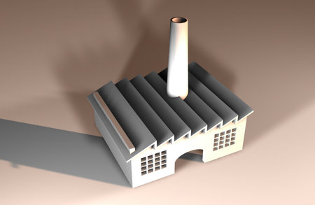 3D illustration of a factory building with a chimney in the backgroundの写真素材