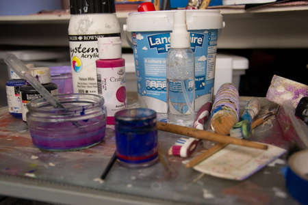 London - United Kingdom - December 23 2019 - Paintbrushes and other tools in an art studio.のeditorial素材