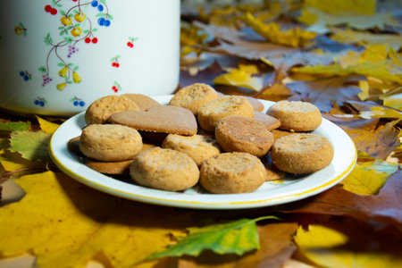 Cookies on a plate decorated with background of autumn leaves.の写真素材