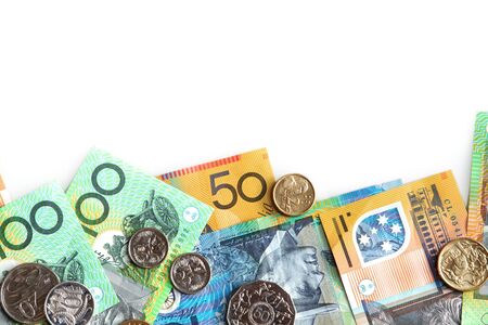 Australian notes and coins, on white background.の写真素材