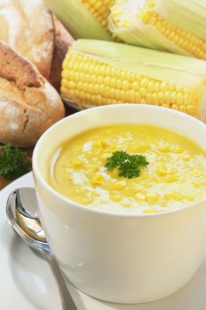 Corn and parsley soup ~ a warming meal, with fresh sourdough bread.の写真素材