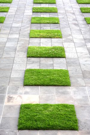Paving stones and lawn squares, in interesting geometric pattern.の写真素材