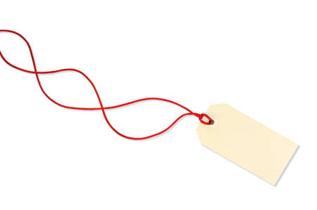 Blank tag tied with long red cord, isolated on white.  Ready for your message.の写真素材