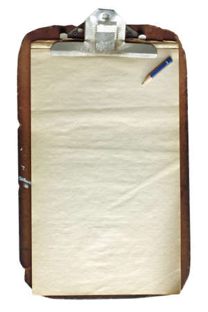 Battered old wooden clipboard, with aged paper and pencil stub.の写真素材