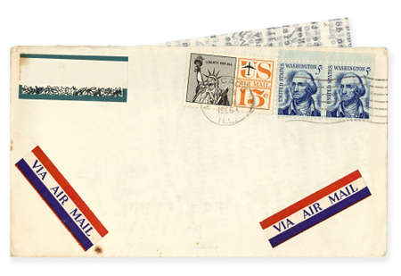 USA airmail envelope, postmarked Chicago, 1966.  Contains letter typed on airmail paper.  Clipping path included.の写真素材