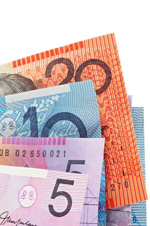 Australian money, fanned against white background.の写真素材