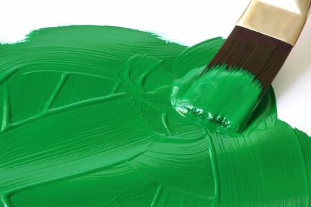 Artist's paintbrush brushing green paint over white surface.  の写真素材