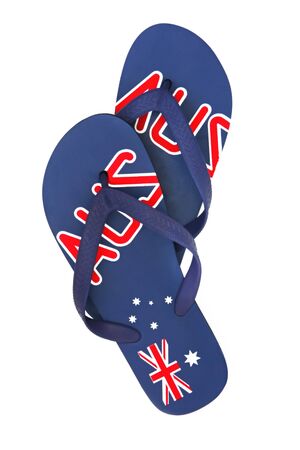 Australian thongs or flipflops, isolated on white.  Emblazoned with the Australian flag.の写真素材