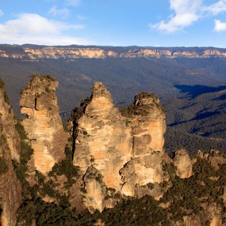 Three Sisters, Katoomba, Blue Mountains, New South Wales, Australia, in sunset light.の写真素材