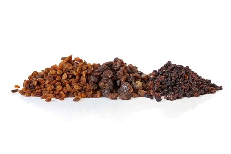 Sultanas, raisins and currants, isolated on white with soft shadow.  Delicious dried fruits, ready for your recipe.の写真素材
