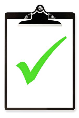 Clipboard with single large green tick or check mark.  Isolated on white.の写真素材